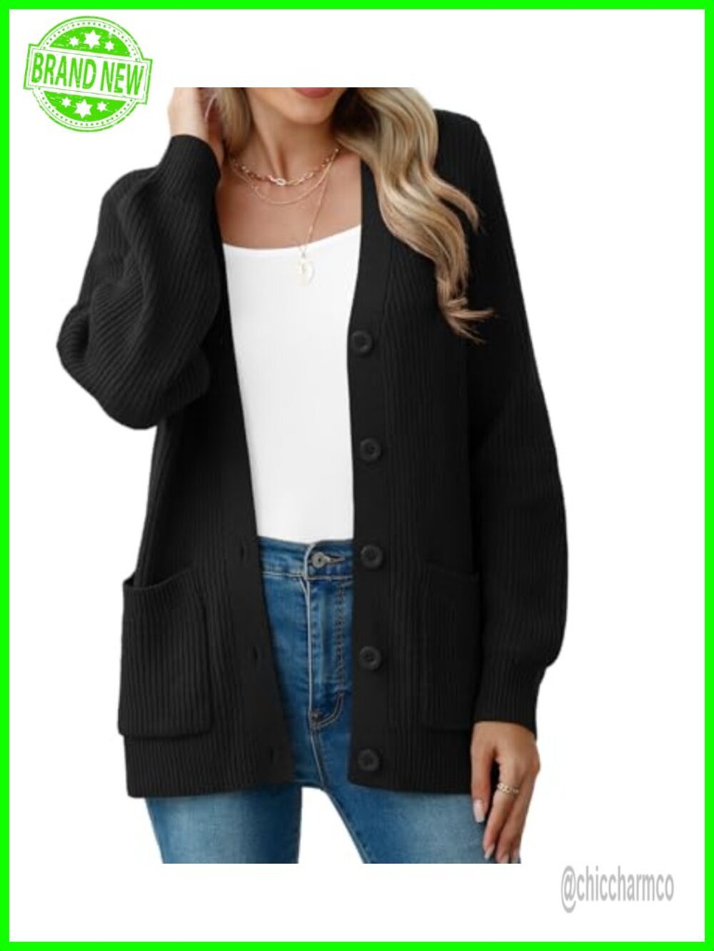 Chunky Knit Cardigan Sweater Long Sleeve V Neck Button Up with Pocket